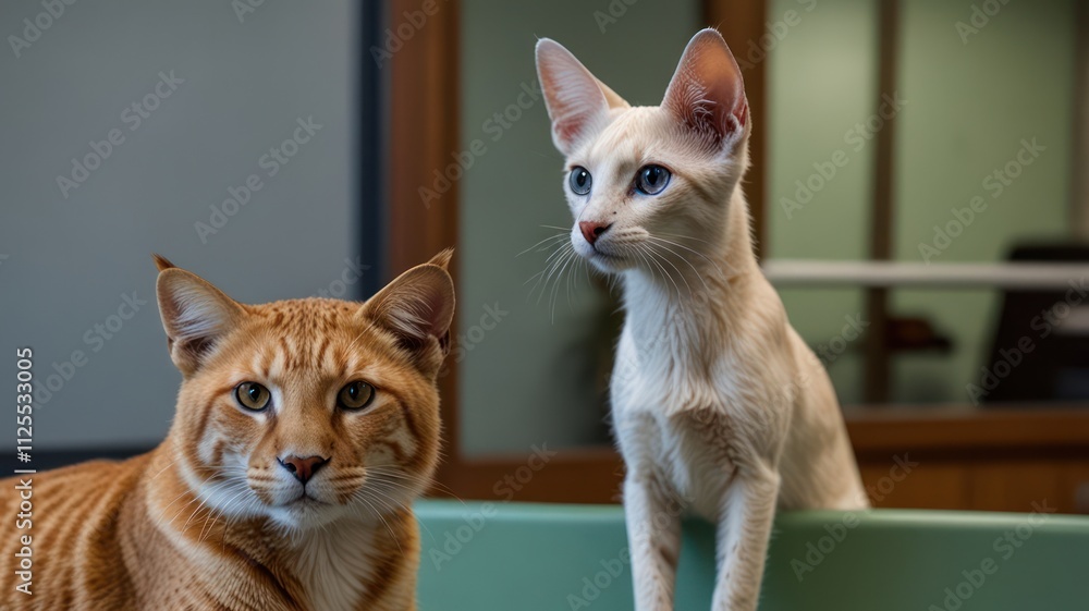 Two cats, one orange tabby and one cream-colored, looking alert and curious, indoor setting. Two cats, one orange tabby and one cream-colored, looking alert and curious, indoor setting.