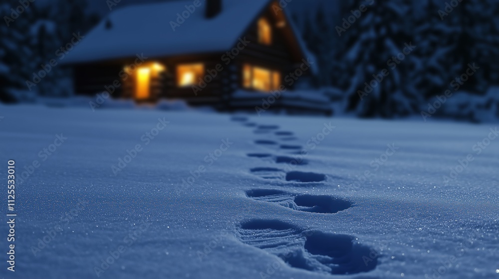 Footprints in snow near a cozy cabin at night, serene winter atmosphere Footprints in snow near a cozy cabin at night, serene winter atmosphere