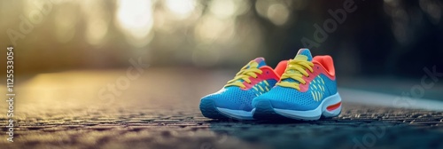 A colorful pair of running shoes sits on a track, bathed in warm sunset light, inviting runners to lace up and take off on their journey. Generative AI photo