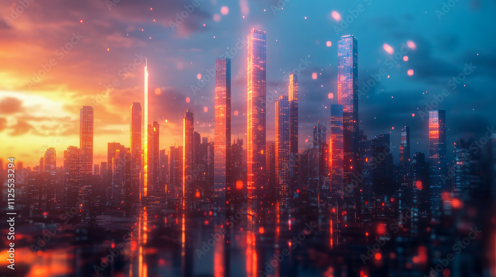 Fototapeta premium Futuristic city skyline at sunset with illuminated skyscrapers and vibrant colors