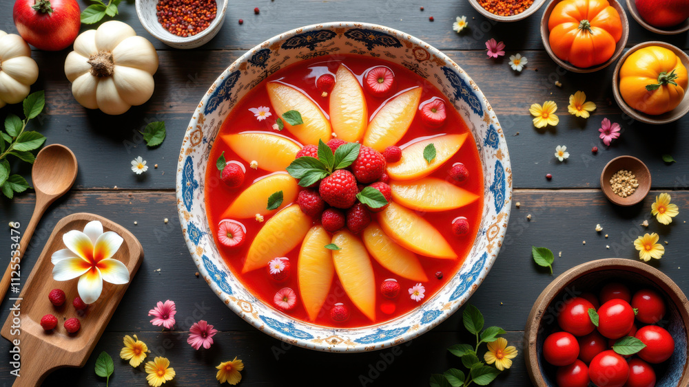 A beautifully arranged dish of hwachae garnished with berries on a rustic table setting. A beautifully arranged dish of hwachae garnished with berries on a rustic table setting.