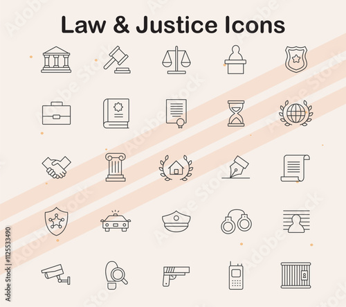 Icons representing law  justice  and legal services  ideal for law firms  legal systems  and government projects.