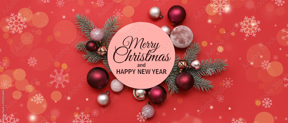 Blank card, Christmas balls and fir branches on red background Blank card, Christmas balls and fir branches on red background