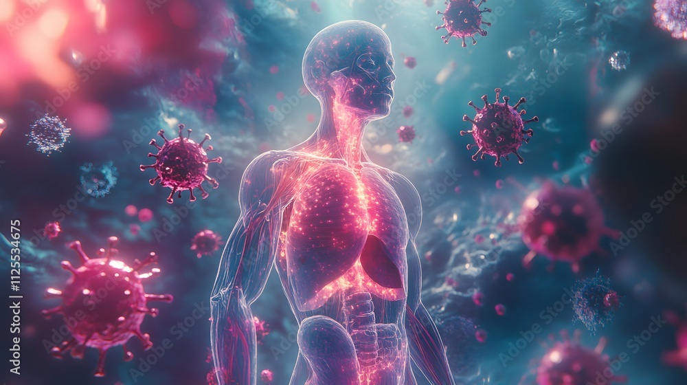 Transparent human structure immersed in digital space surrounded by floating virus depicting research and health perspective Transparent human structure immersed in digital space surrounded by floating virus depicting research and health perspective