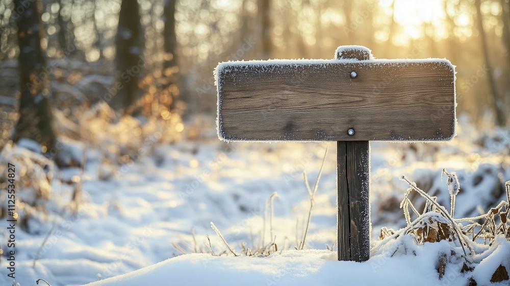 Naklejka premium Snow-covered wooden sign in a bright snowy forest at sunrise