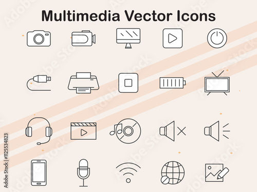 Icons for multimedia elements such as audio  video  and media devices  suitable for entertainment  media  and technology projects.