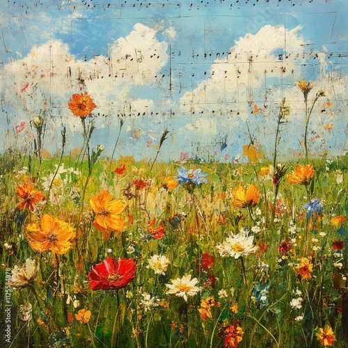 Vibrant wildflowers bloom in a sunny meadow, overlaid with faded sheet music.