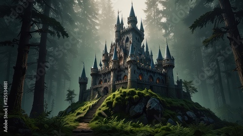 Majestic medieval castle nestled in a mystical forest. photo