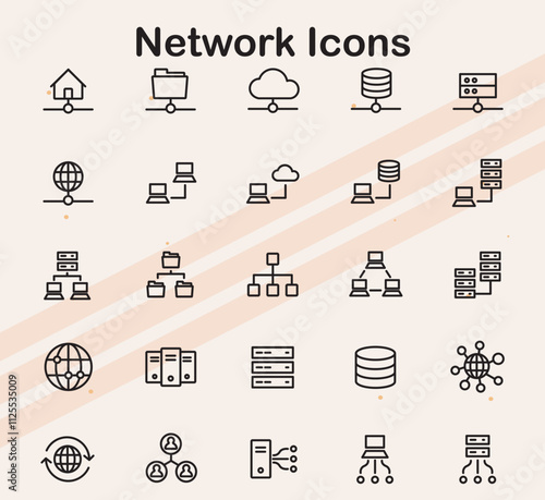 Icons representing network and connectivity elements  including internet  computers  and servers  ideal for IT and telecommunications projects.