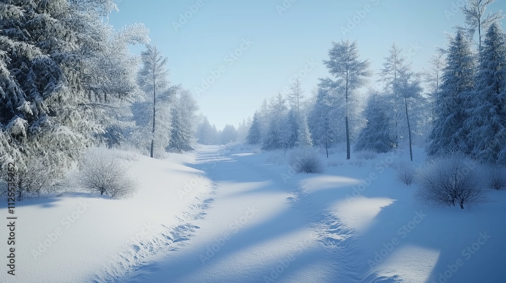 Snow-covered forest path surrounded by frosty trees on a sunny winter day Snow-covered forest path surrounded by frosty trees on a sunny winter day