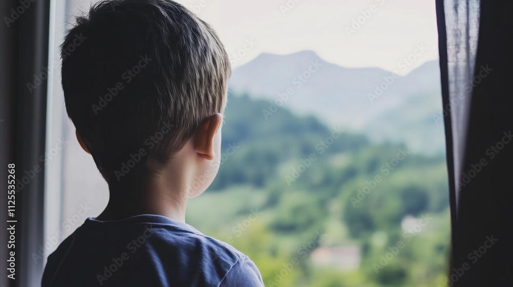 Boy is looking out a window at the mountains Boy is looking out a window at the mountains