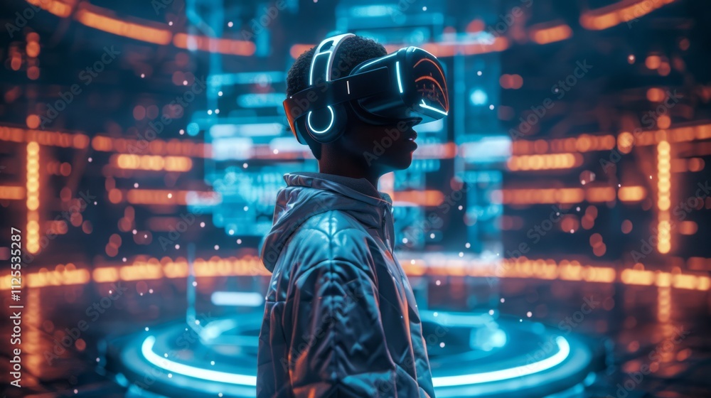 Person wearing VR headset in futuristic setting. Person wearing VR headset in futuristic setting.