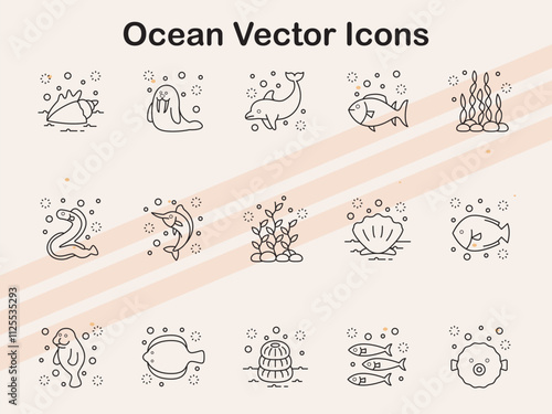 Wallpaper Mural Vector icons representing ocean elements such as waves  sea creatures  and beach items  perfect for marine-themed projects. Torontodigital.ca