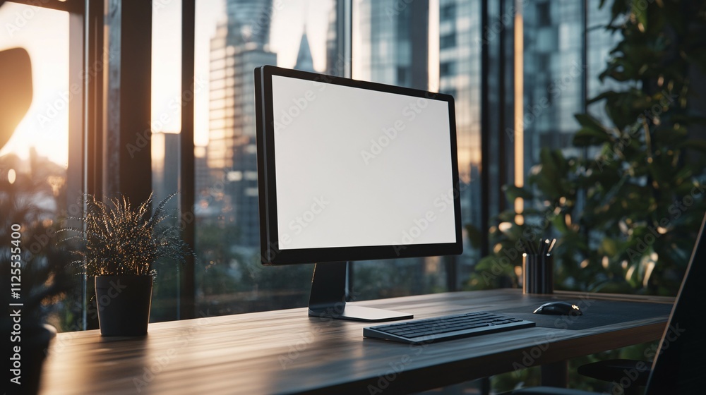 Modern Desktop Computer Workspace Near Cityscape Window Modern Desktop Computer Workspace Near Cityscape Window
