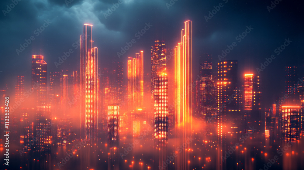 Futuristic cityscape with neon lights illuminated in a misty night skyline Futuristic cityscape with neon lights illuminated in a misty night skyline