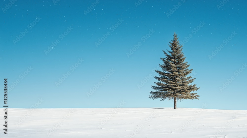 Fototapeta premium Lonely pine tree in snow against clear blue sky