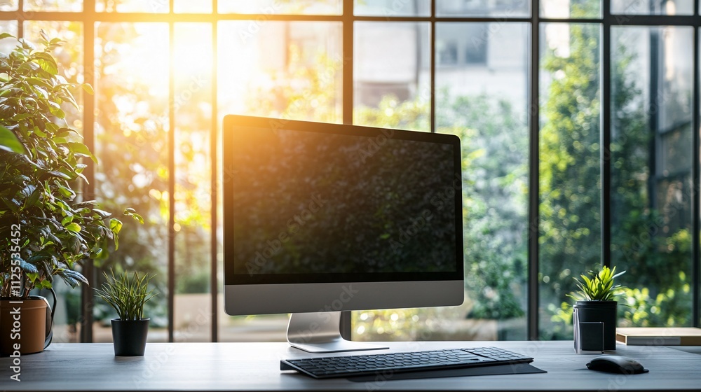Fototapeta premium Modern Computer Setup Near Sunlit Window Plants