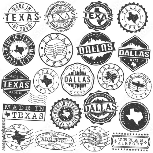 Dallas, TX, USA Set of Stamps. City Travel Marks. Made In Product. Design Seals Old Style Insignia.