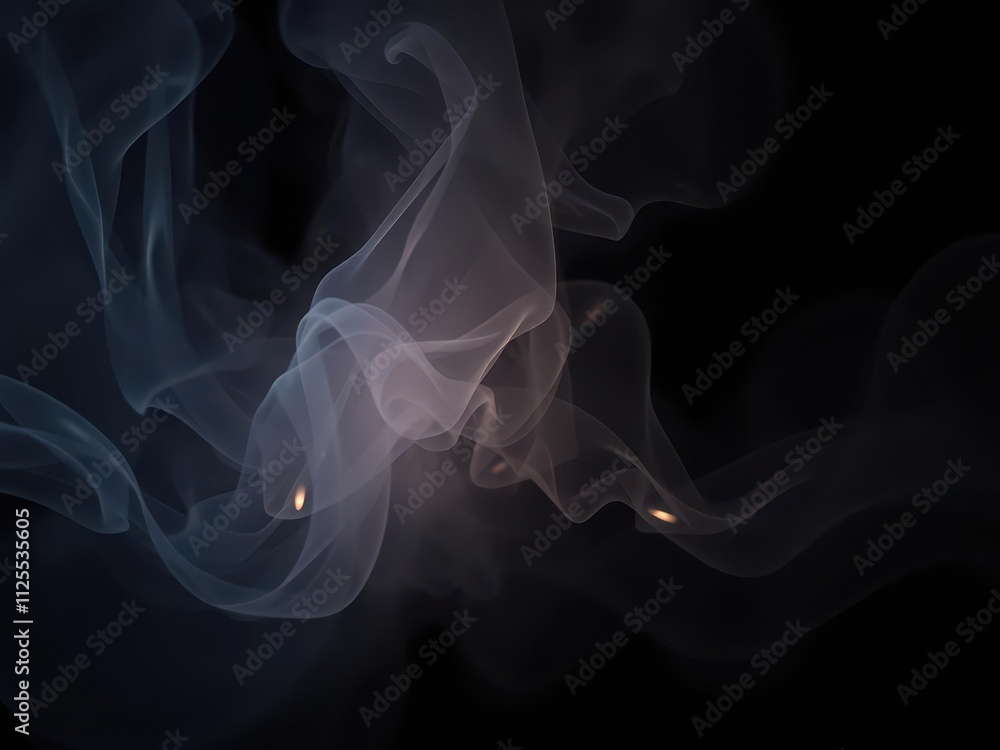 Obraz premium Rotation of swirling smoke veils illuminated by lights on a dark background, abstract, veils