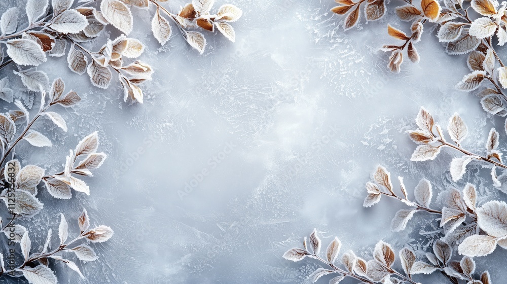 Frosted branches with icy leaves on a light blue textured background Frosted branches with icy leaves on a light blue textured background