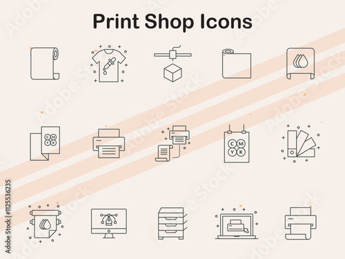Icons for print shop-related items  including printing equipment  paper  and ink  ideal for printing and design industry projects.