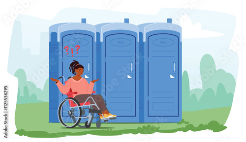 Confused teenage girl cartoon character in wheelchair having troubles with outdoor public WC usage