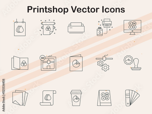 Vector icons depicting various elements of print shops  such as printers  presses  and paper materials  perfect for print production projects.