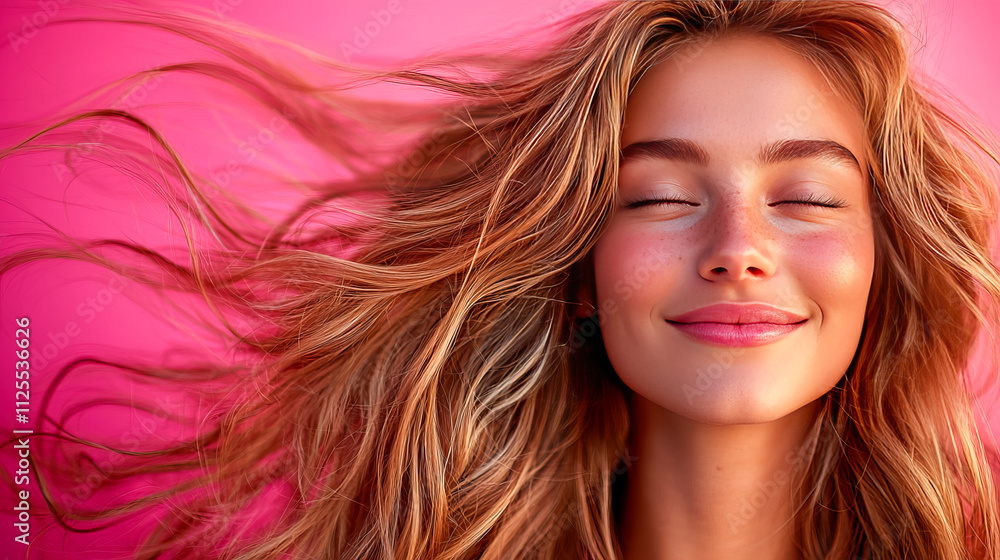 Young caucasian female with wind-swept hair against pink background Young caucasian female with wind-swept hair against pink background
