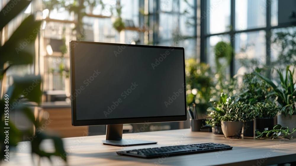 Modern Computer Setup In A Sunlit Office With Plants Modern Computer Setup In A Sunlit Office With Plants