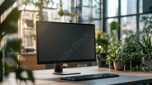 Modern Computer Setup In A Sunlit Office With Plants