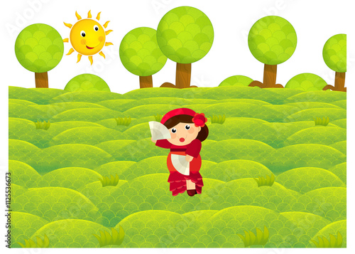 cartoon scene with character withl outfit costume representing his her nationality standing in park during summer illustration for children photo