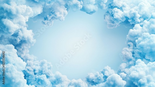 Vivid blue clouds forming a circular frame on a light background. sky-themed designs. photo