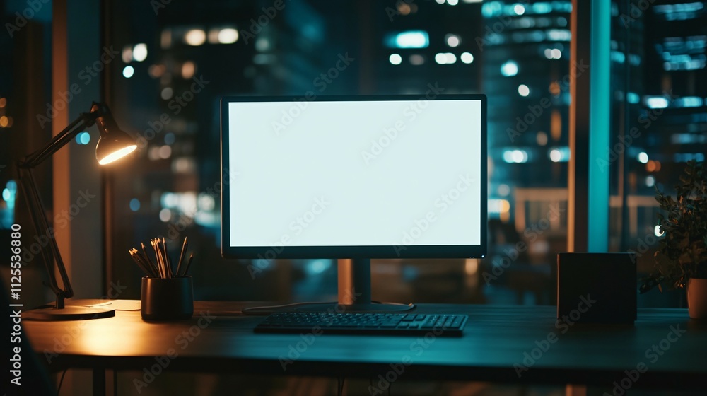 Illuminated Desktop Computer Night Cityscape View Illuminated Desktop Computer Night Cityscape View