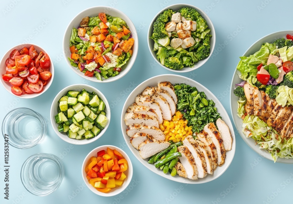 Colorful and Healthy Salad Spread Featuring Grilled Chicken, Fresh Vegetables, and Vibrant Ingredients on a Light Blue Background Colorful and Healthy Salad Spread Featuring Grilled Chicken, Fresh Vegetables, and Vibrant Ingredients on a Light Blue Background