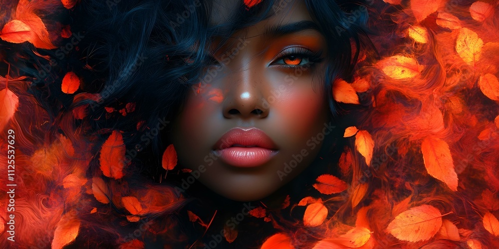 portrait featuring a woman enveloped in fiery red and orange autumn leaves. Her glowing skin reflects the warm hues of fall portrait featuring a woman enveloped in fiery red and orange autumn leaves. Her glowing skin reflects the warm hues of fall
