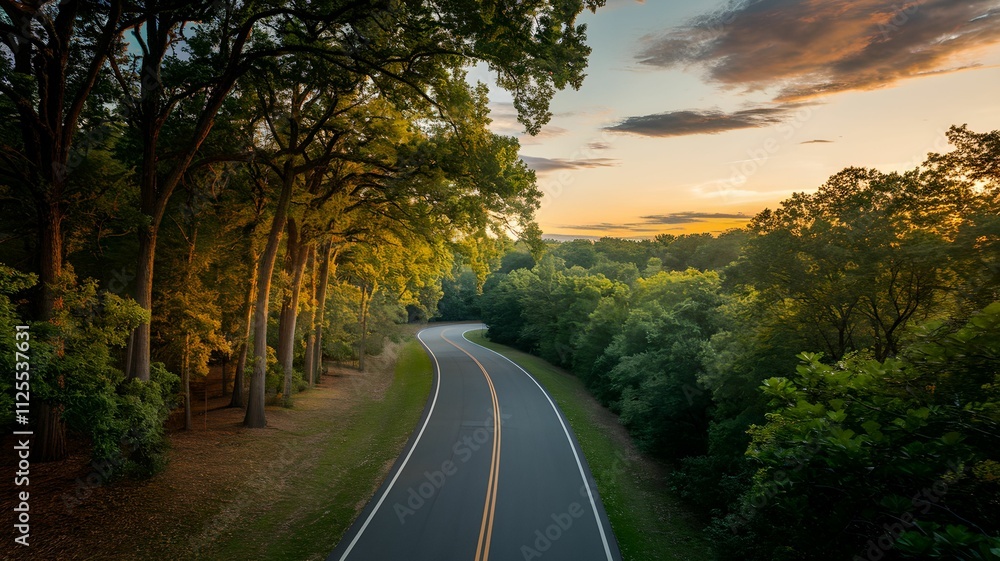 Horizontal top view image of a road in the forest at sunset. For LinkedIn, profile in social media, blog, summer vacation, road trip, banner, design Horizontal top view image of a road in the forest at sunset. For LinkedIn, profile in social media, blog, summer vacation, road trip, banner, design