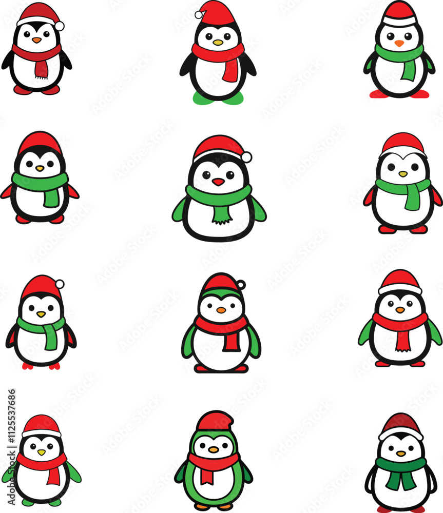 Vector Outline of A cute Frosty the Penguin wearing a Santa clause hat and scarf Vector Outline of A cute Frosty the Penguin wearing a Santa clause hat and scarf