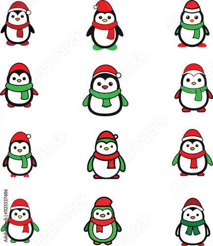 Vector Outline of A cute Frosty the Penguin wearing a Santa clause hat and scarf