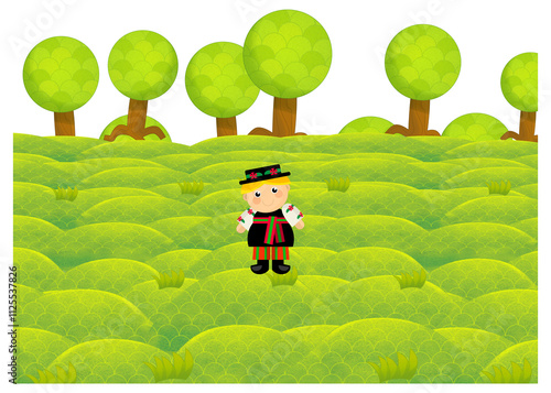 cartoon scene with character withl outfit costume representing his her nationality standing in park during summer illustration for children photo