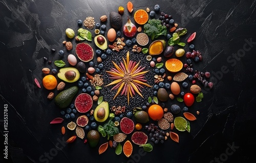 Colorful Arrangement of Fresh Fruits Nuts and Vegetables with a Unique Star Design on a Dark Surface for Healthy Lifestyle and Nutrition Concepts