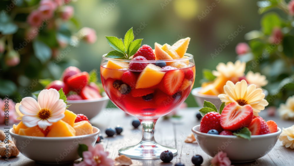 A glass of refreshing watermelon and strawberry hwachae surrounded by bowls of fresh fruit on a table adorned with flowers. A glass of refreshing watermelon and strawberry hwachae surrounded by bowls of fresh fruit on a table adorned with flowers.