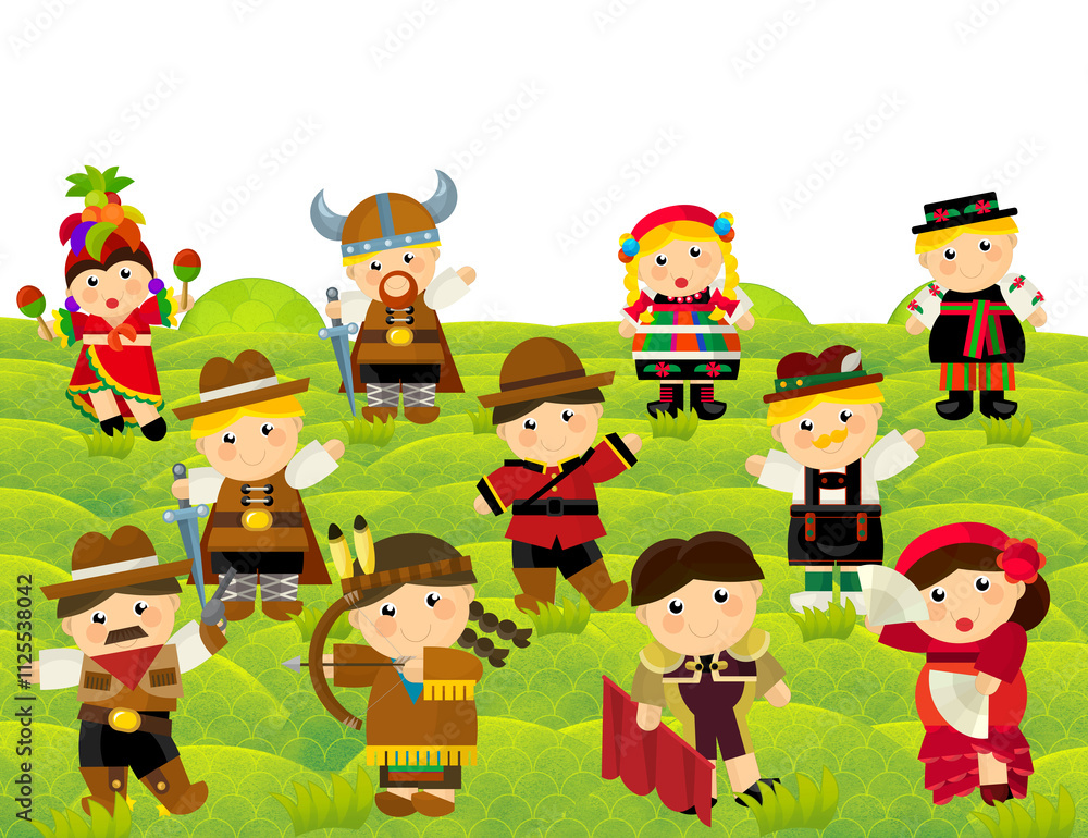 cartoon scene with character withl outfit costume representing his her nationality standing in park during summer illustration for children cartoon scene with character withl outfit costume representing his her nationality standing in park during summer illustration for children