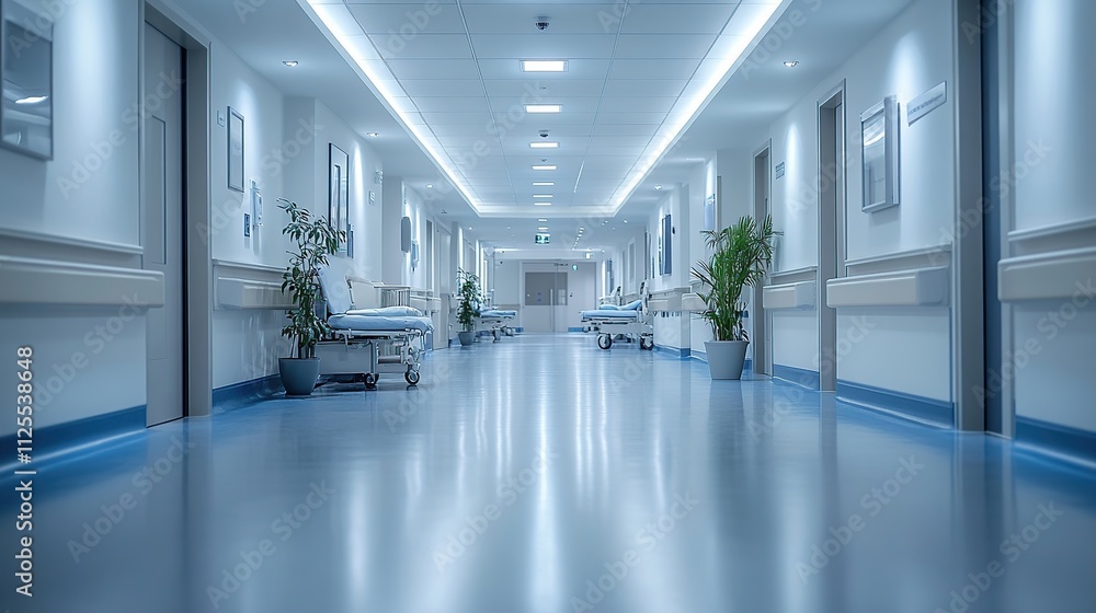 Empty hospital corridor with medical beds, clean and bright interior. Empty hospital corridor with medical beds, clean and bright interior.