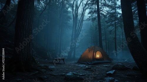 Illuminated tent in a misty forest at night. (4)