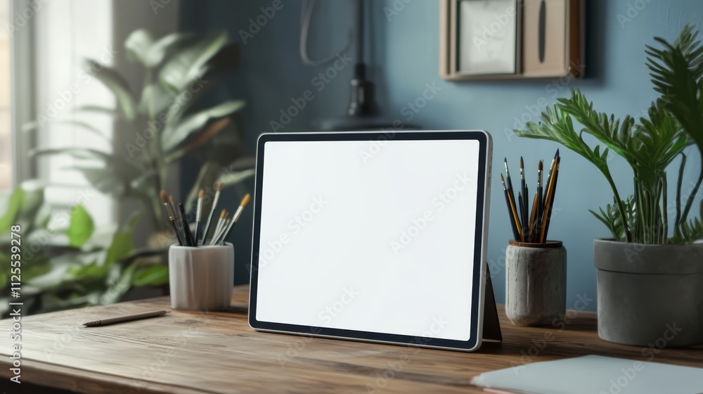 Tablet with blank screen on wooden desk, surrounded by plants and art supplies. Tablet with blank screen on wooden desk, surrounded by plants and art supplies.