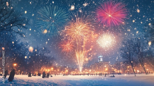 Snowy night, fireworks display over city park.
