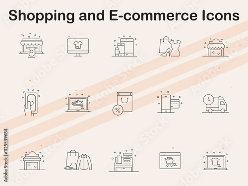 Icons related to shopping and e-commerce elements such as carts  online stores  and payment methods  perfect for retail and online business projects.