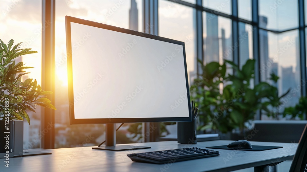 Modern Desktop Computer Blank Screen Office Sunset View Modern Desktop Computer Blank Screen Office Sunset View