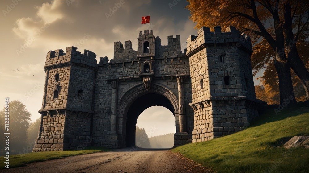 Majestic stone castle gate under cloudy sky. Majestic stone castle gate under cloudy sky.