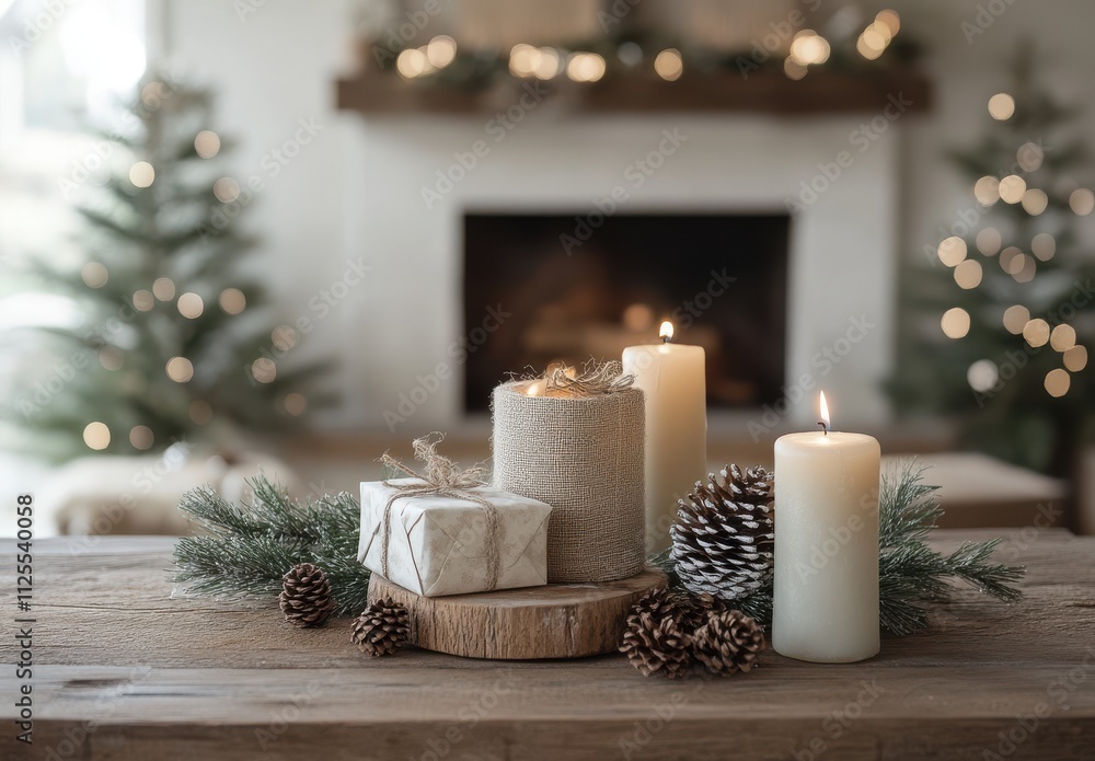 Cozy Holiday Scene Featuring Candles, Present, Pine Cones, and Greenery with a Warm Fireplace and Christmas Trees in the Background for Festive Decor Inspiration Cozy Holiday Scene Featuring Candles, Present, Pine Cones, and Greenery with a Warm Fireplace and Christmas Trees in the Background for Festive Decor Inspiration